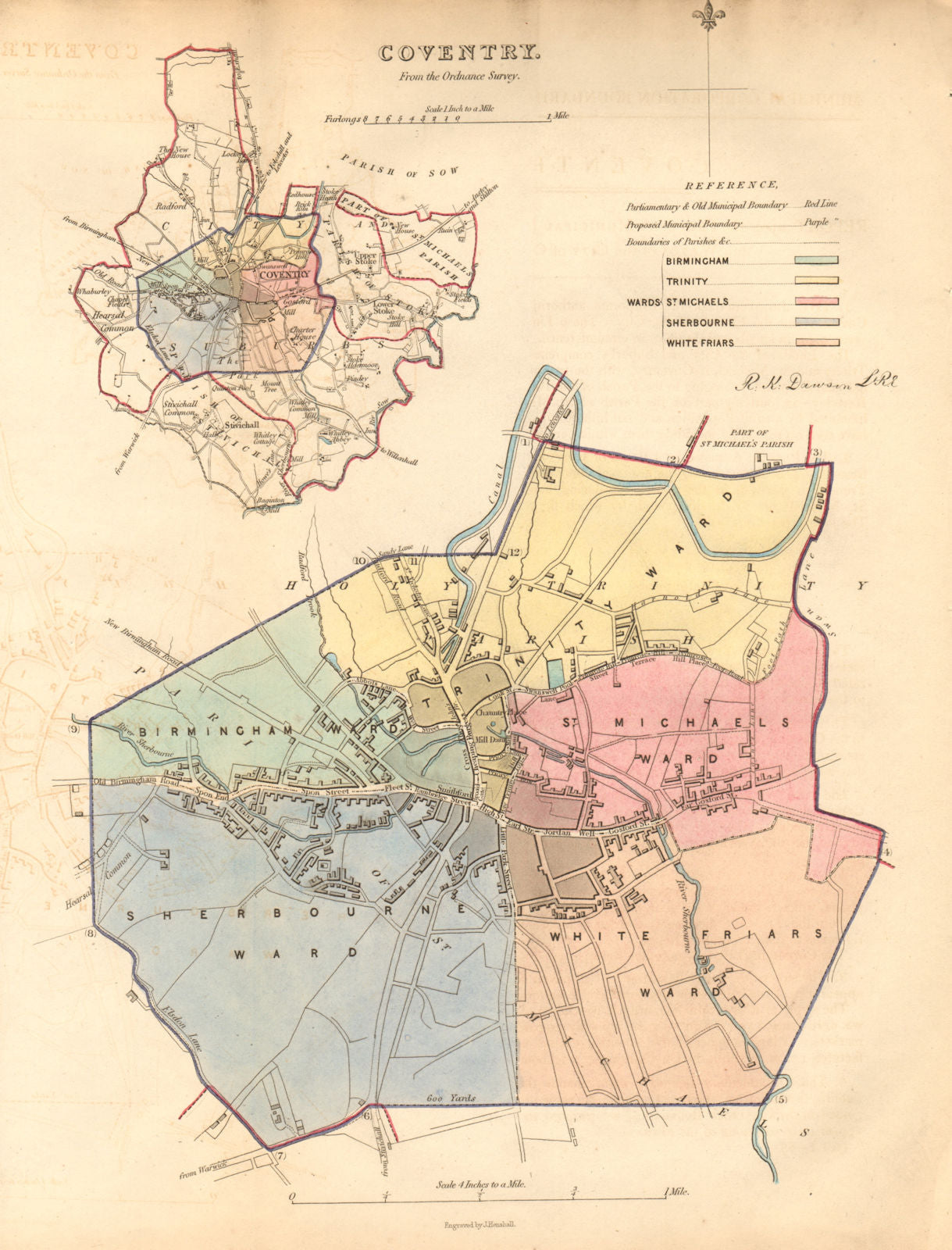 COVENTRY borough/town/city plan BOUNDARY COMMISSION Warwickshire DAWSON 1837 map